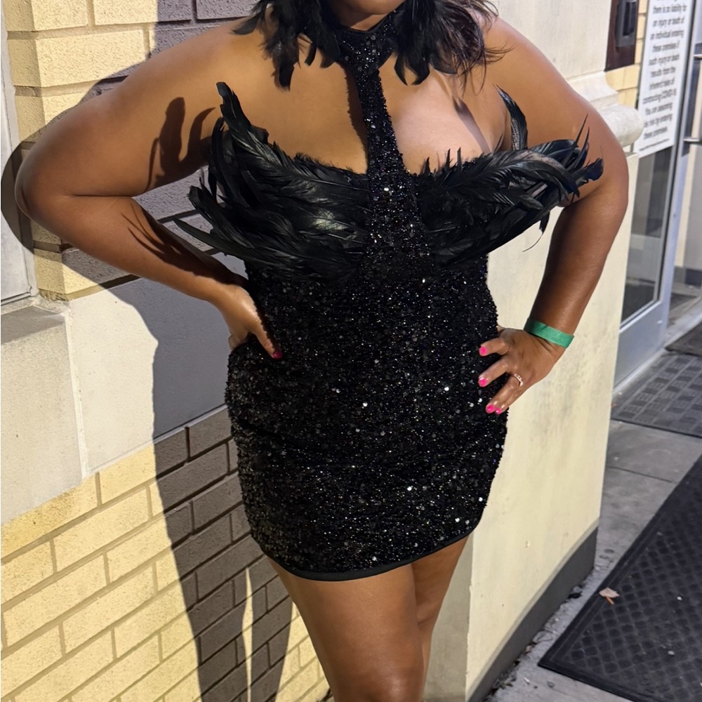 HEAD TURNING FEATHER SEQUIN DRESS